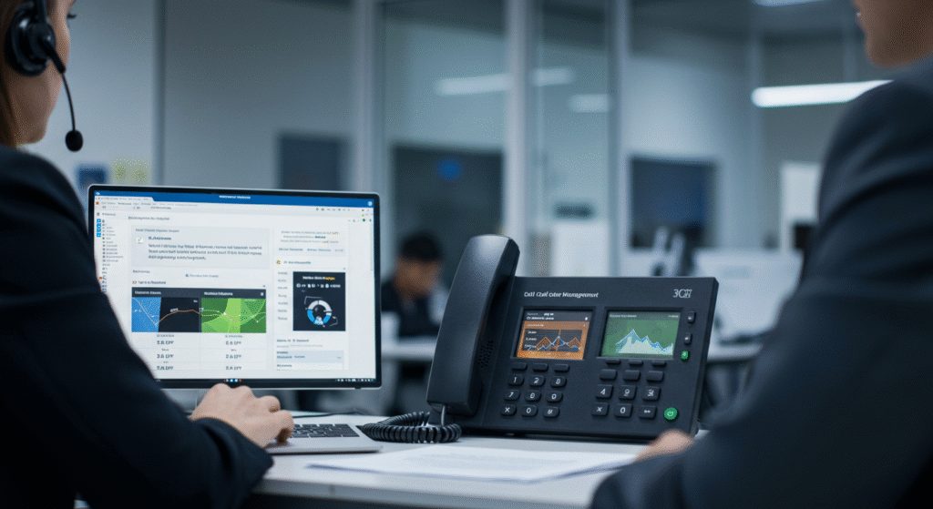 Desk phone and monitors on a small business office desk