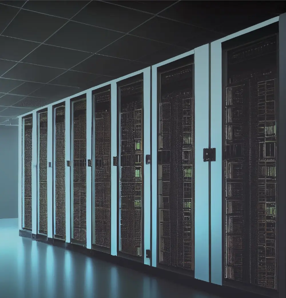 Rows of server racks in a London colocation data centre